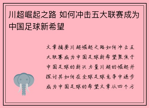 川超崛起之路 如何冲击五大联赛成为中国足球新希望